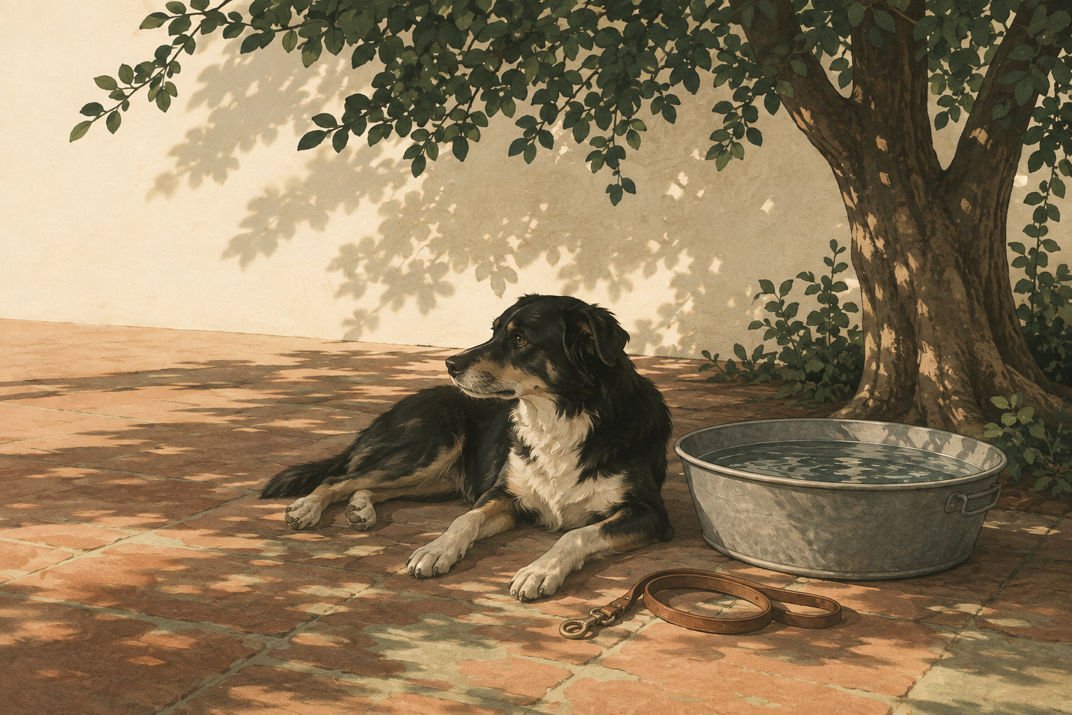 A black and tan dog resting in dappled shade beneath a tree, beside a galvanised bath of water and a coiled leather lead on terracotta paving