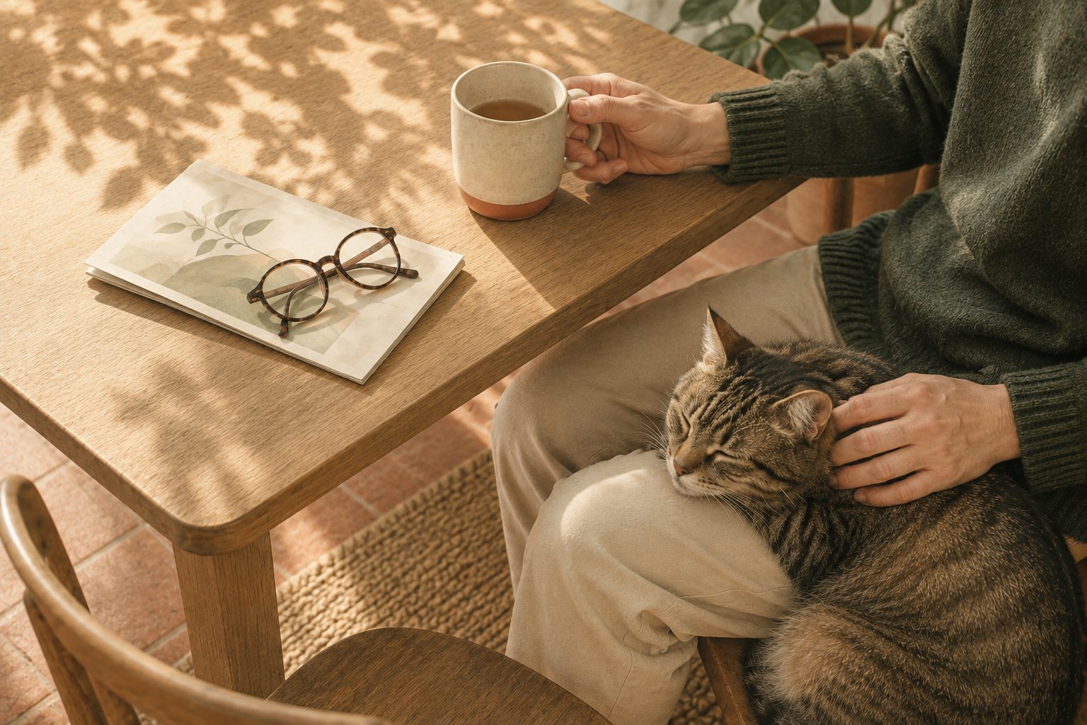Seen from above, a person's hands hold a mug at a wooden kitchen table while a tabby cat sleeps on their lap in warm afternoon light