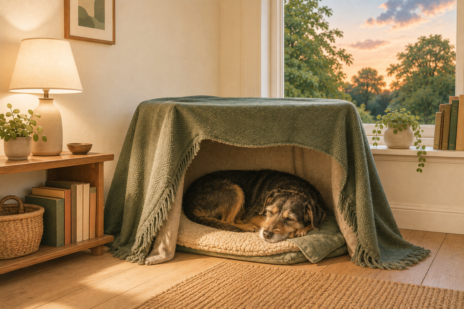 A dog asleep in a den made from a green blanket draped over a low table, lit by a lamp, with summer trees in full leaf visible through a window at dusk