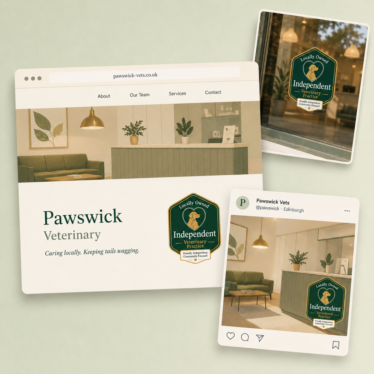 The Independent Badge displayed on a practice website, in a practice window, and on social media.